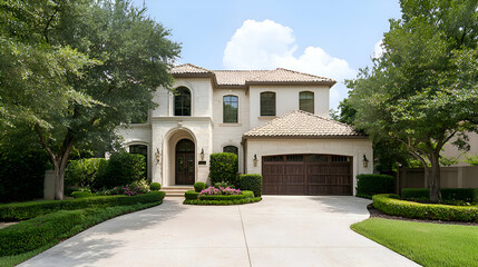 Obraz premium Elegant Two Story Mediterranean Style Home with Beige Facade and Green Landscaping