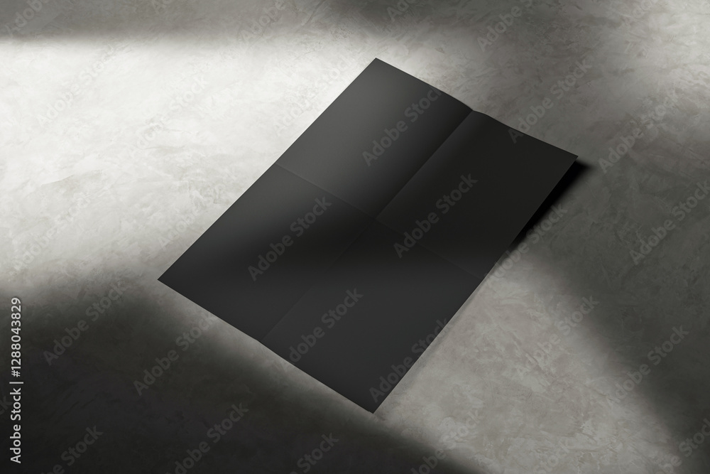 Poster black folded paper mockup on textured concrete floor with light and shadow. 3d rendering