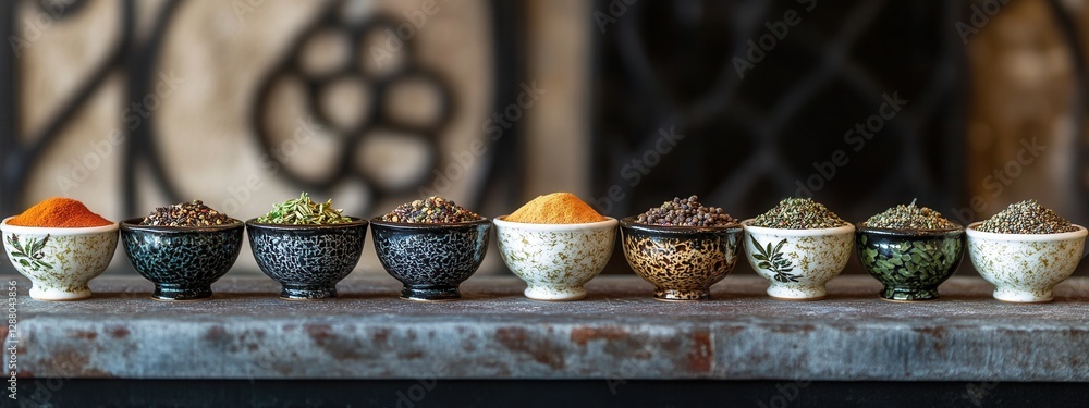 Aufkleber assorted spices in decorative bowls on rustic wooden surface with intricate background design