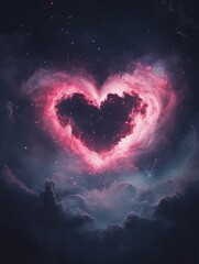 A cosmic heart glows in the inky blackness of space, surrounded by swirling nebulae and clouds. A breathtaking display of celestial beauty.