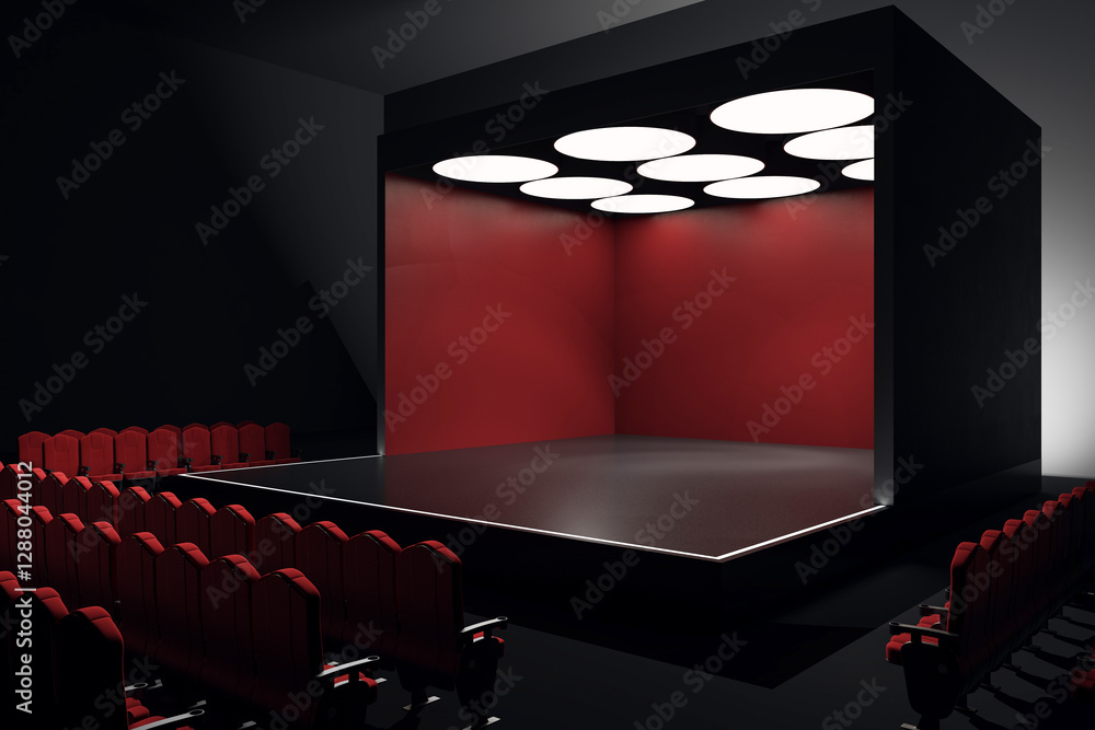Poster Modern empty theater stage with red walls and illuminated ceiling, surrounded by red seats in a dark interior. 3D Rendering