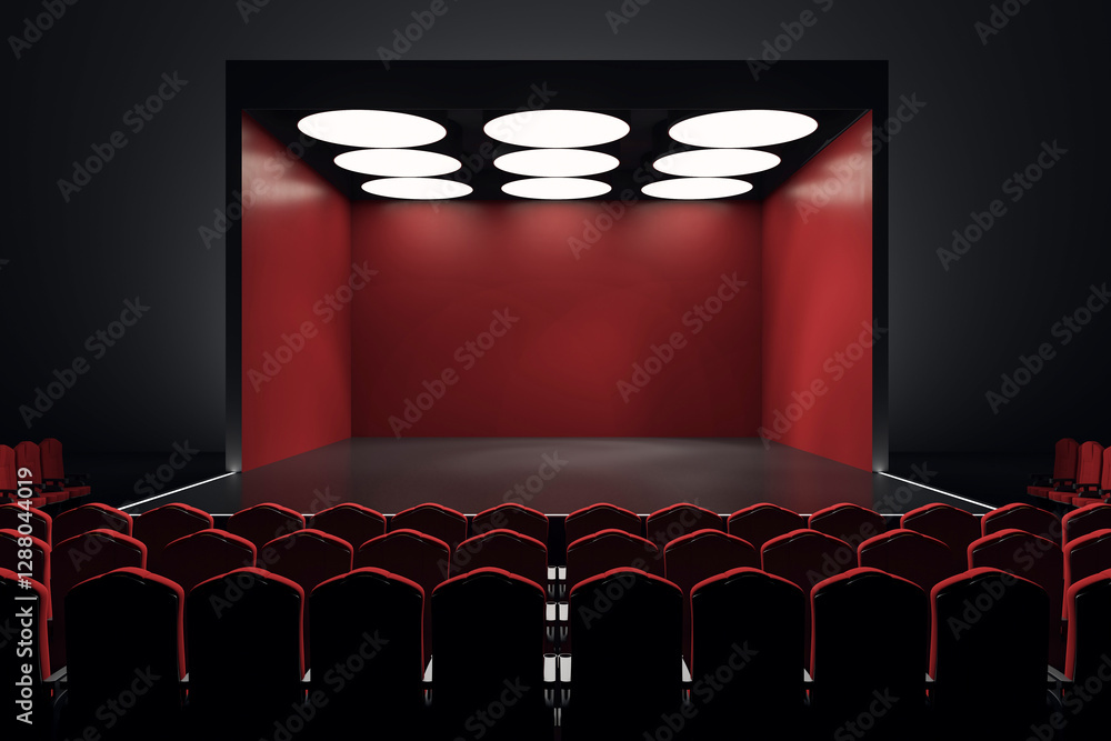 Aufkleber modern theater stage with red walls and circular ceiling lights viewed from audience seating. 3d ren