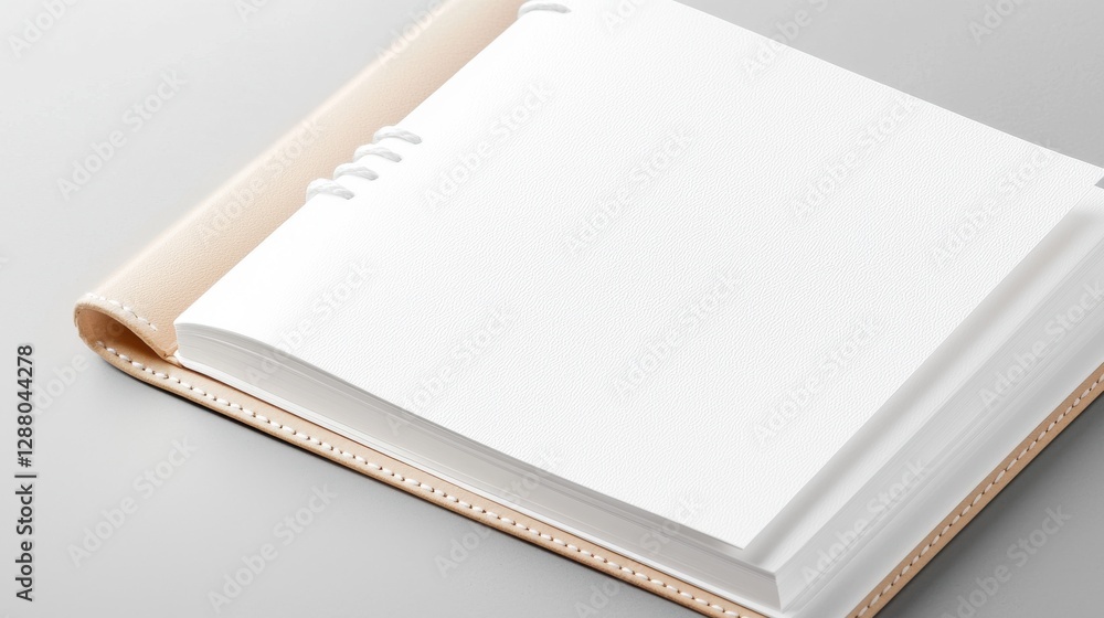 Poster close-up of a minimalist open notebook on a light surface, showcasing blank pages for creativity and