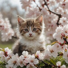 A cute kitten sitting in a field of cherry blossoms in spring, white background.