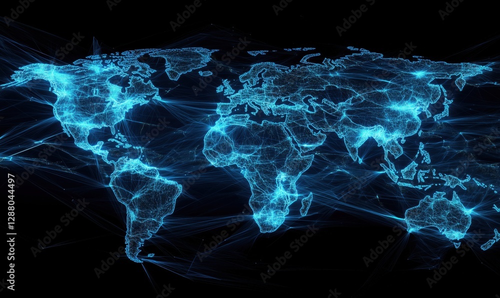 Poster digital world map with glowing blue network connections and data points