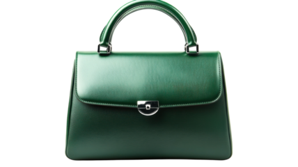 Elegant green handbag displayed with sleek design and shiny leather finish in perfect condition for stylish occasions
