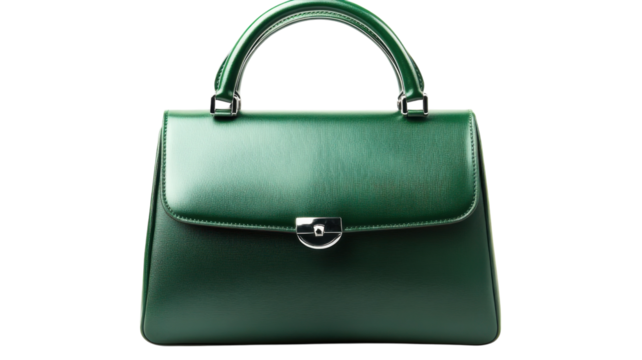 Elegant green handbag displayed with sleek design and shiny leather finish in perfect condition for stylish occasions