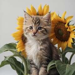 A tiny fluffy kitten sitting inside a giant pastel sunflower, white background.
