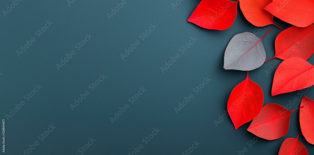 Poster an autumn-themed backdrop featuring vibrant red leaves set against a blue slate background, captured