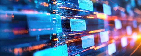 Abstract digital data stream with high-tech interface elements and motion blur