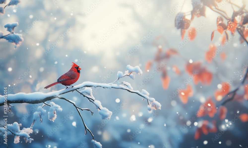 Poster red cardinal perched on snowy branch in winter landscape with soft bokeh background