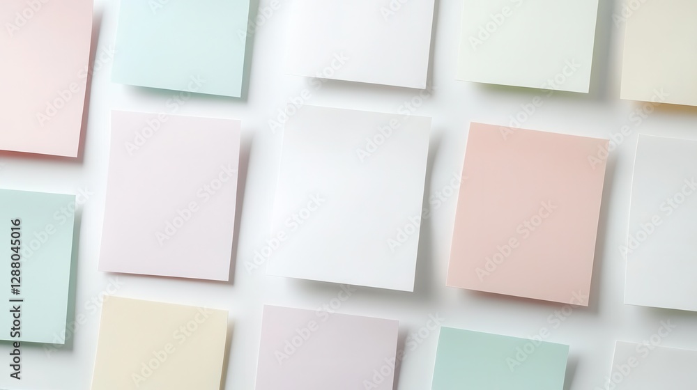 Poster colorful pastel paper sheets arranged on a white surface, creating an elegant and minimal artistic l