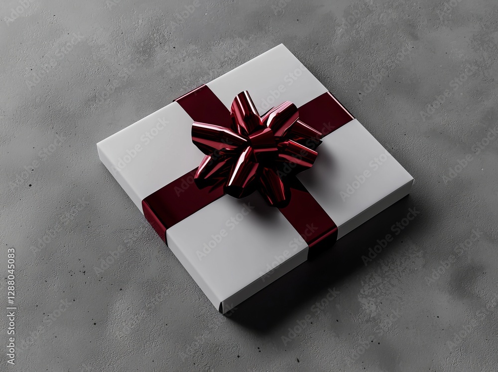 Poster minimalist 3d rendering of a blank white gift card with a red ribbon bow, isolated on a grey backgro
