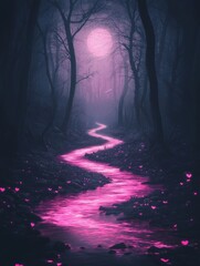 Enchanted forest path at night. Pink glowing river, full moon. Magical scene.