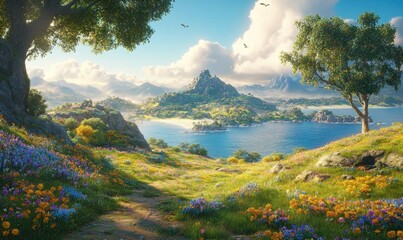 Serene landscape with vibrant flowers, a tranquil lake, and distant mountains under a clear sky