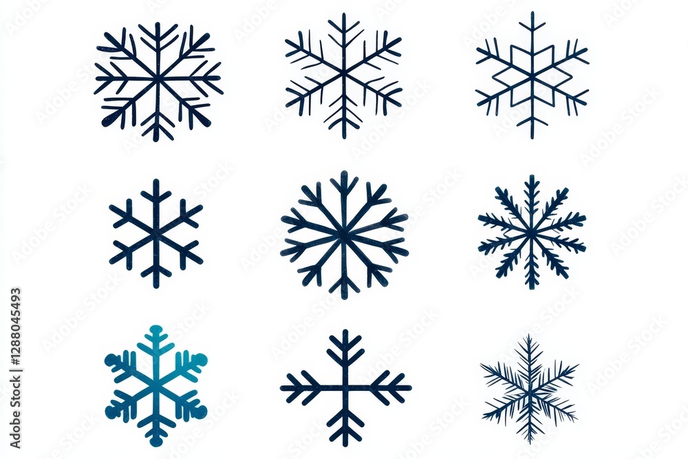 Aufkleber stock photo of a white background with a variety of distinct snowflakes, captured using macro photog