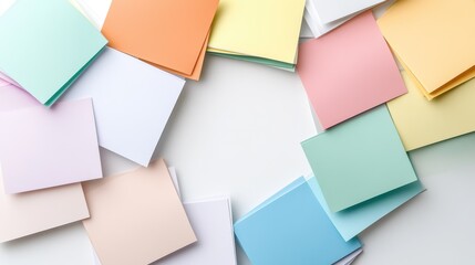 Fototapeta premium Colorful sticky notes scattered on white background forming a creative frame for office or study inspiration.