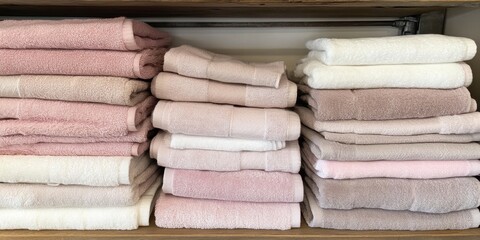 Stacked towels in soft pastel shades on wooden shelf
