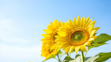 Obraz premium Two Vibrant Yellow Sunflowers Against a Blue Sky