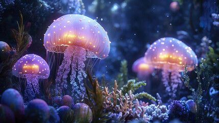 Magical glowing jellyfish in underwater Easter world