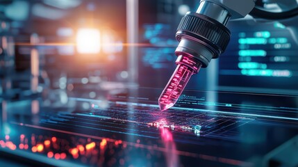 Futuristic laboratory equipment analyzing data on digital interface