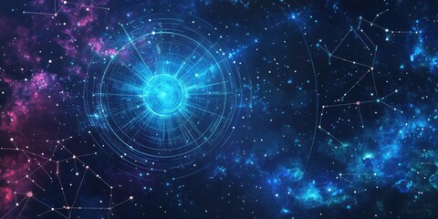 Futuristic cosmic portal in starry universe with constellations and nebulae. Astrology Day
