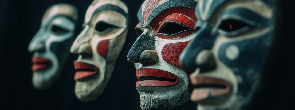 Traditional wooden masks displayed in an artistic arrangement highlighting cultural heritage and craftsmanship