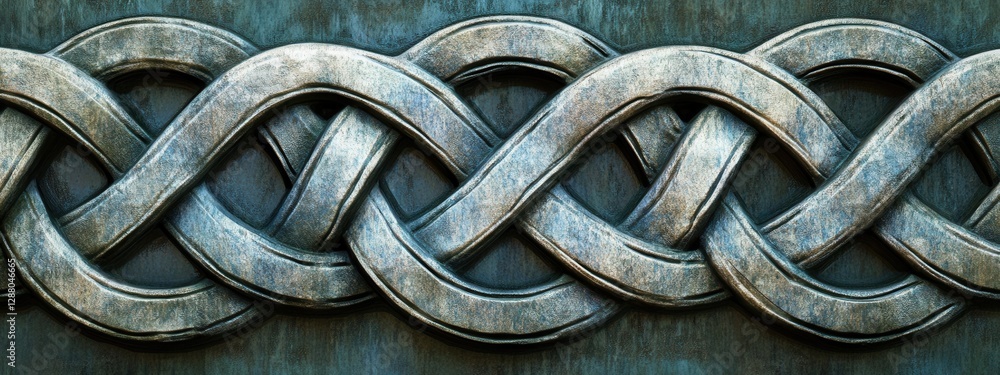 Poster intricate metallic knot design with smooth curves and textured background for artistic representatio