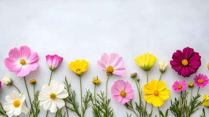 Fototapeta premium Colorful Cosmos Flower Border on Grey Background