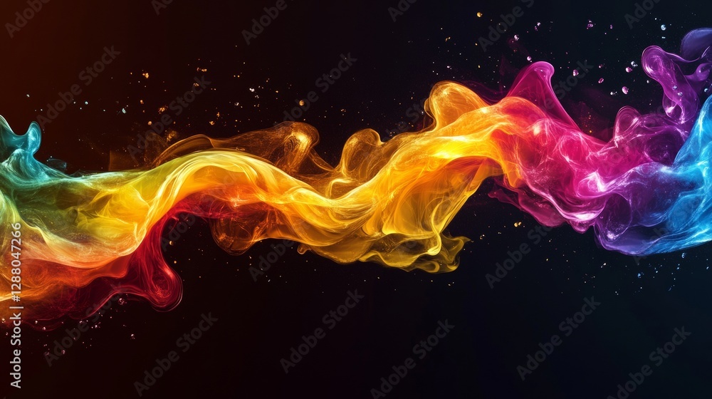 Poster Vibrant swirling waves of colorful smoke on a dark background, dynamic and mesmerizing abstract art. Creative energy and visual expression concept
