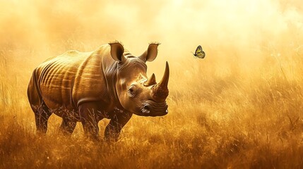 Obraz premium Majestic rhinoceros standing in golden grasslands, observing a delicate butterfly in the warm light