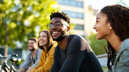 Diverse group of young adults enjoying outdoor gathering in park setting