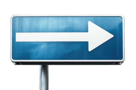 Weathered Blue And White Directional Arrow Sign On Metal Post Against Transparent Backgrounds