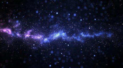 Digital purple particles that wave and shine are set against an abstract background adorned with sparkling dots and stars