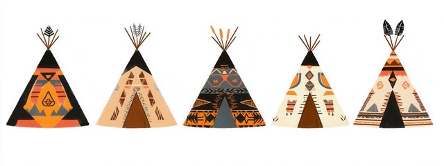 Colorful and Artistic Representation of Traditional Tipis in Various Patterns and Designs