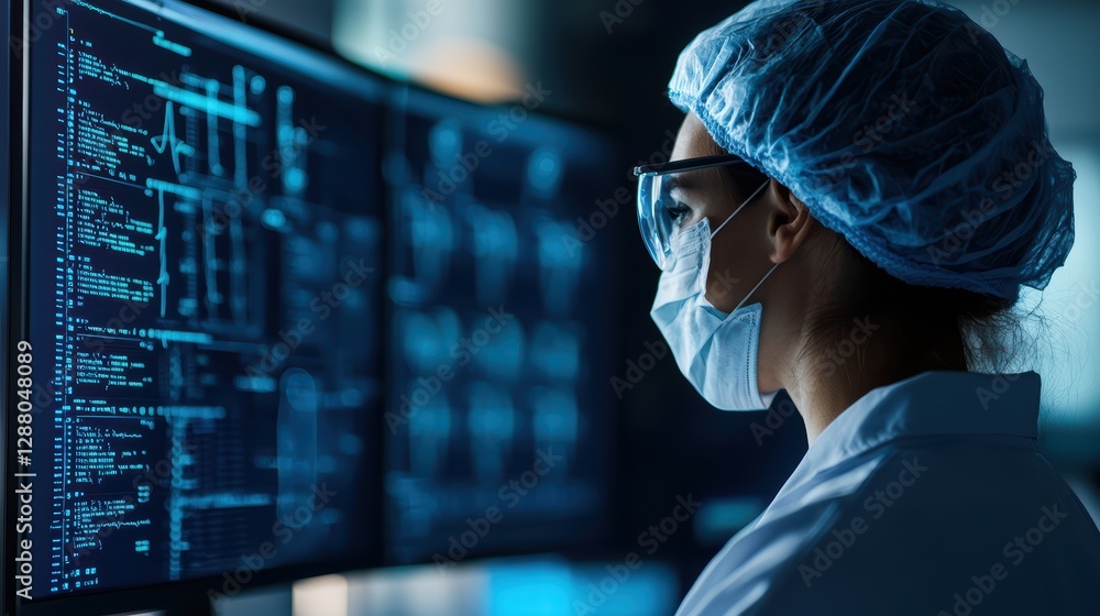 Aufkleber female scientist analyzing data on computer screens in laboratory