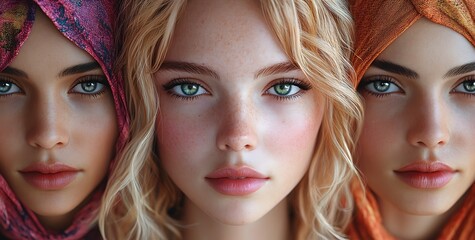 Naklejka premium Three Women with Stylish Hair and Fashion Elements Against Colorful Backgrounds