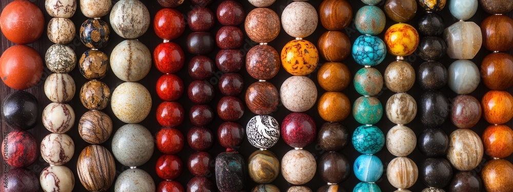 Poster Close-Up of Colorful Round Beads Displayed in Various Textures and Patterns for Crafting and Jewelry Making
