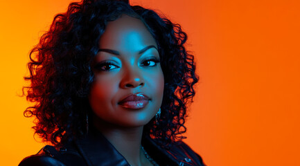 Portrait of a young woman with curly hair against a vibrant backdrop in natural light