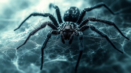 Close-up of a black spider on a web with a blue-gray background, showcasing intricate details and textures. Arachnid wildlife and nature concept