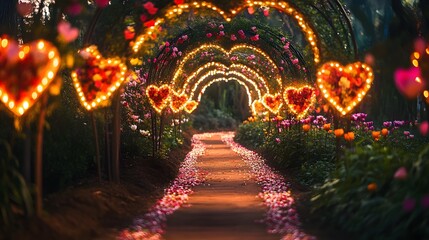 Romantic pathway adorned with glowing heart-shaped lights, inviting atmosphere for couples, perfect for love-themed events.