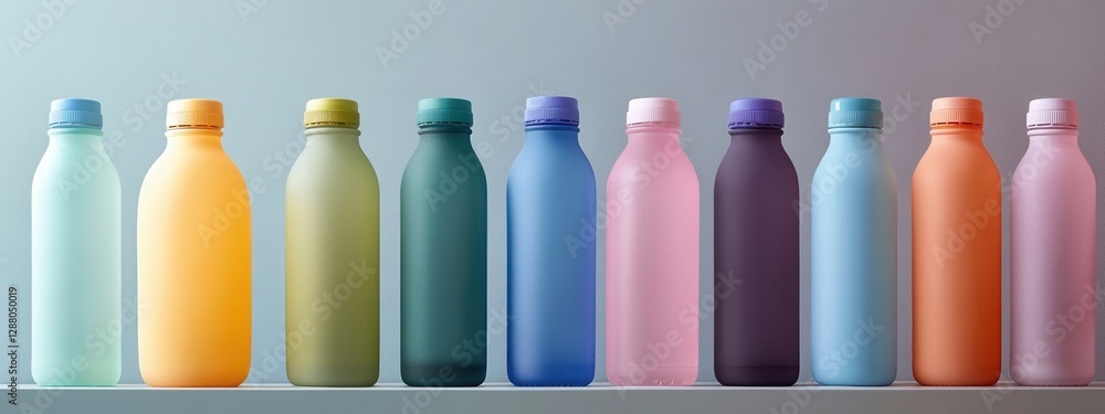 Aufkleber colorful collection of modern water bottles in abstract display on minimalist shelf against soft bac