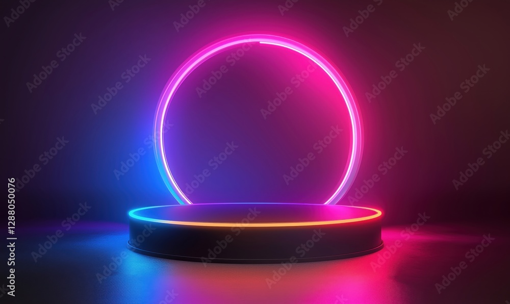 Poster neon illuminated circular display platform with vibrant colors and glowing effects