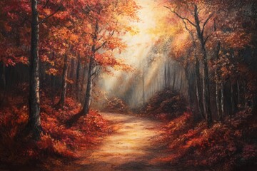 mystical autumn forest pathway with golden light streaming through crimson and amber leaves, creating an enchanted woodland scene