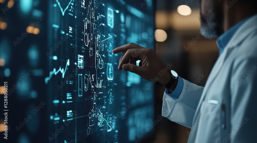 Aufkleber male scientist interacting with futuristic digital interface for data analysis