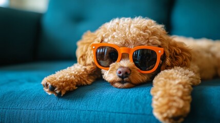 Fototapeta na wymiar Cute curly-haired dog in orange sunglasses lounging on a teal sofa, relaxed and stylish. Pet fashion and lifestyle concept