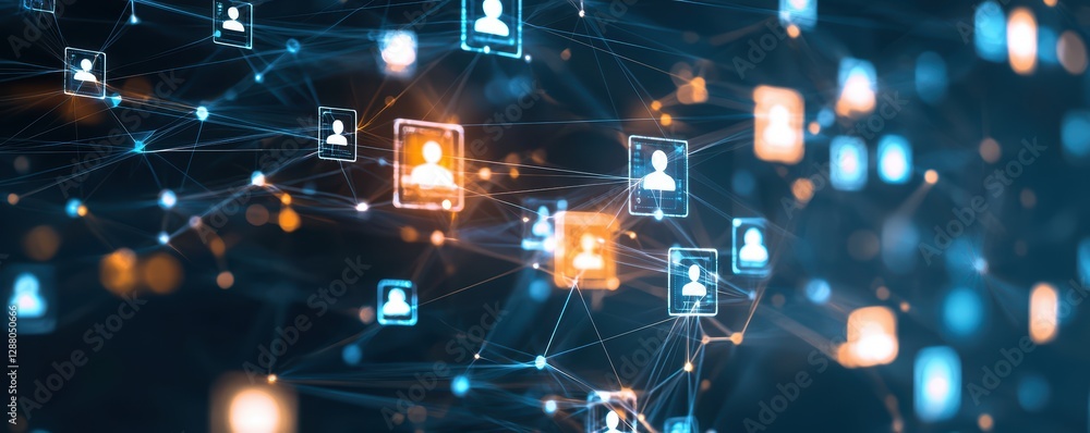Poster abstract digital network with profile icons and nodes in blue and orange