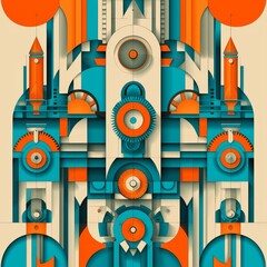 Obraz premium Retrofuturism style is showcased in a seamless pattern that combines geometric abstract textures, circular tracery, and lines with technological and cyber elements