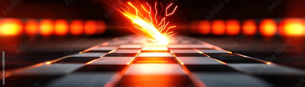 Poster a glowing spark travels over a dark checkered surface, creating a dynamic and energetic visual contr