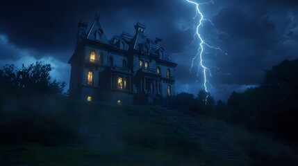 Fototapeta premium A haunted mansion on a hill, with lightning illuminating its gothic architecture